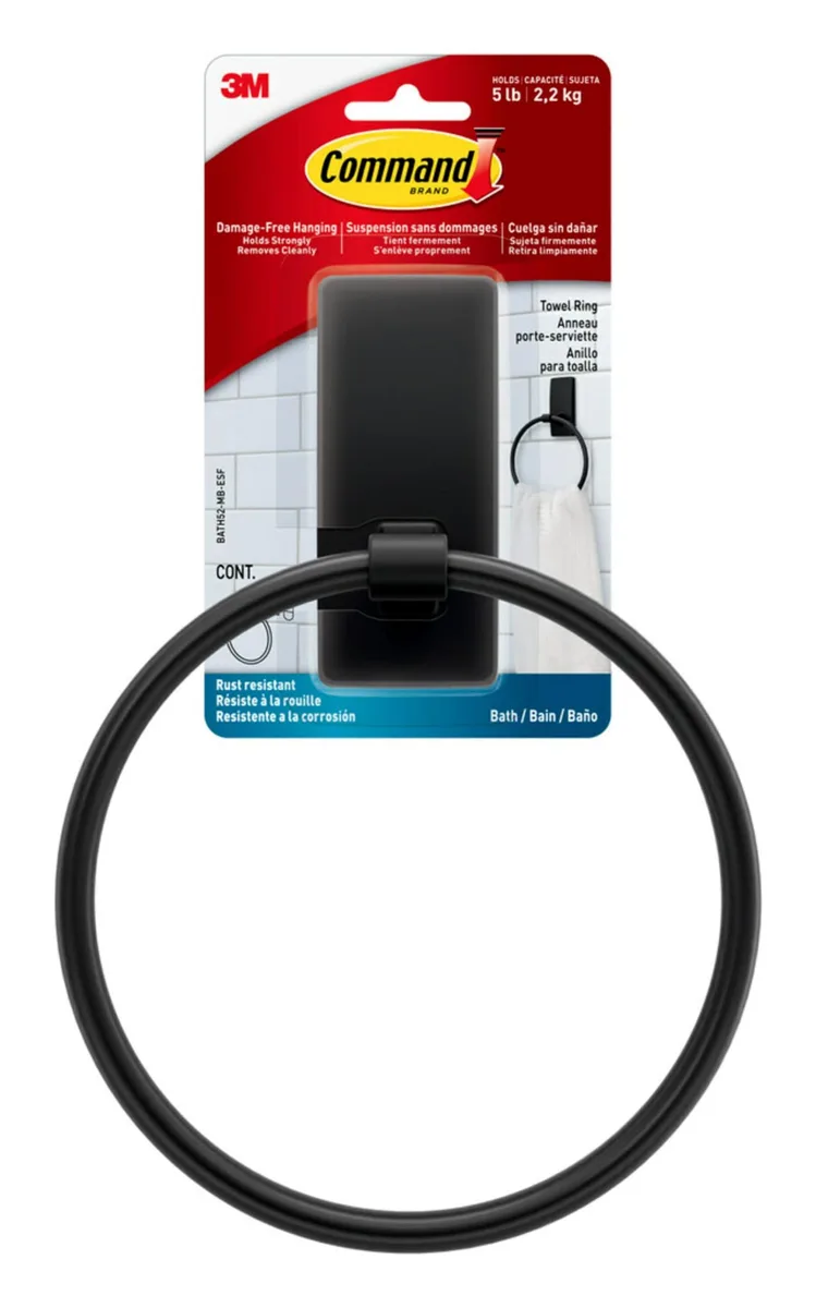 Matte black towel ring with two adhesive strips