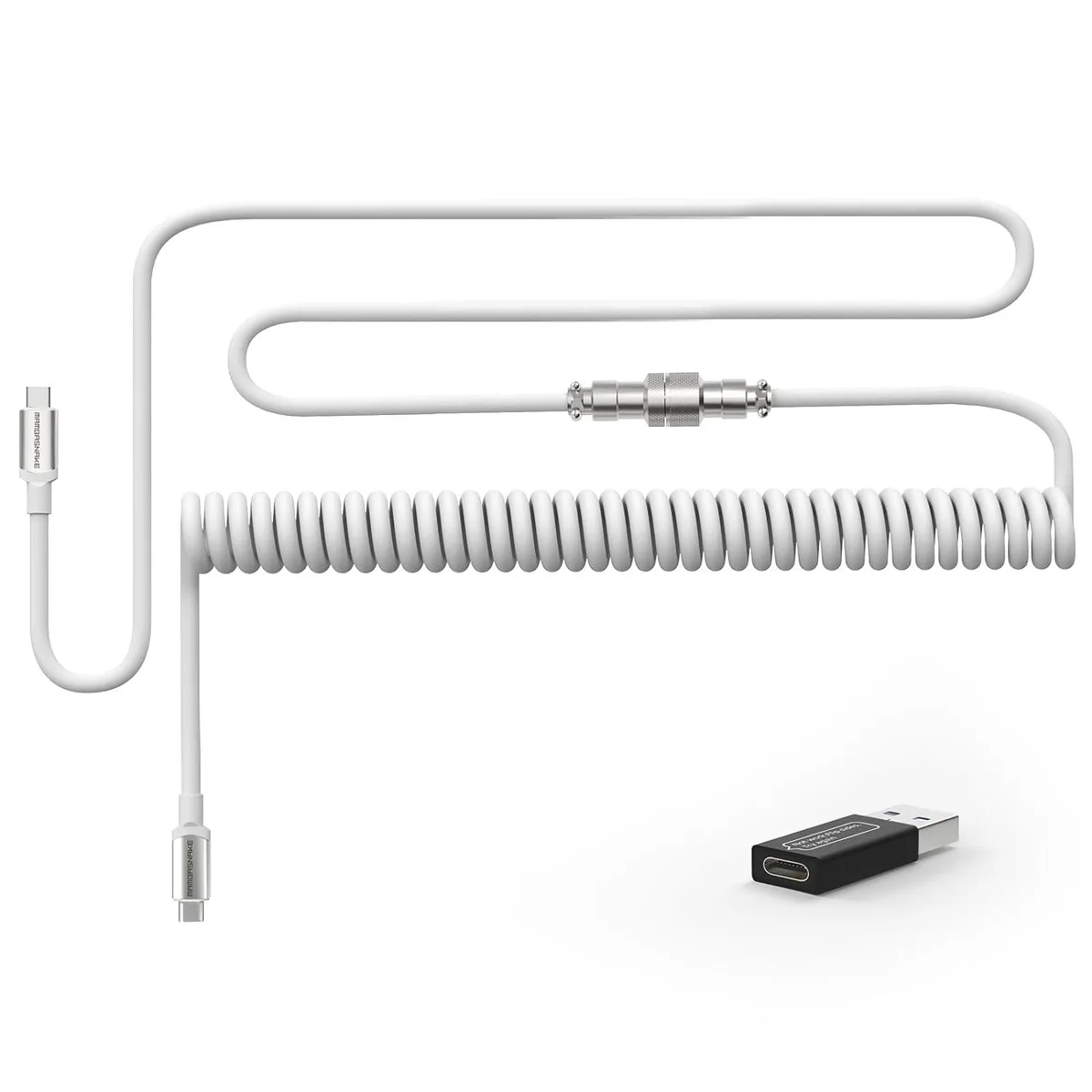 White coiled USB-C cable with silver 5-pin aviator connector and straight plug, 4.92ft length