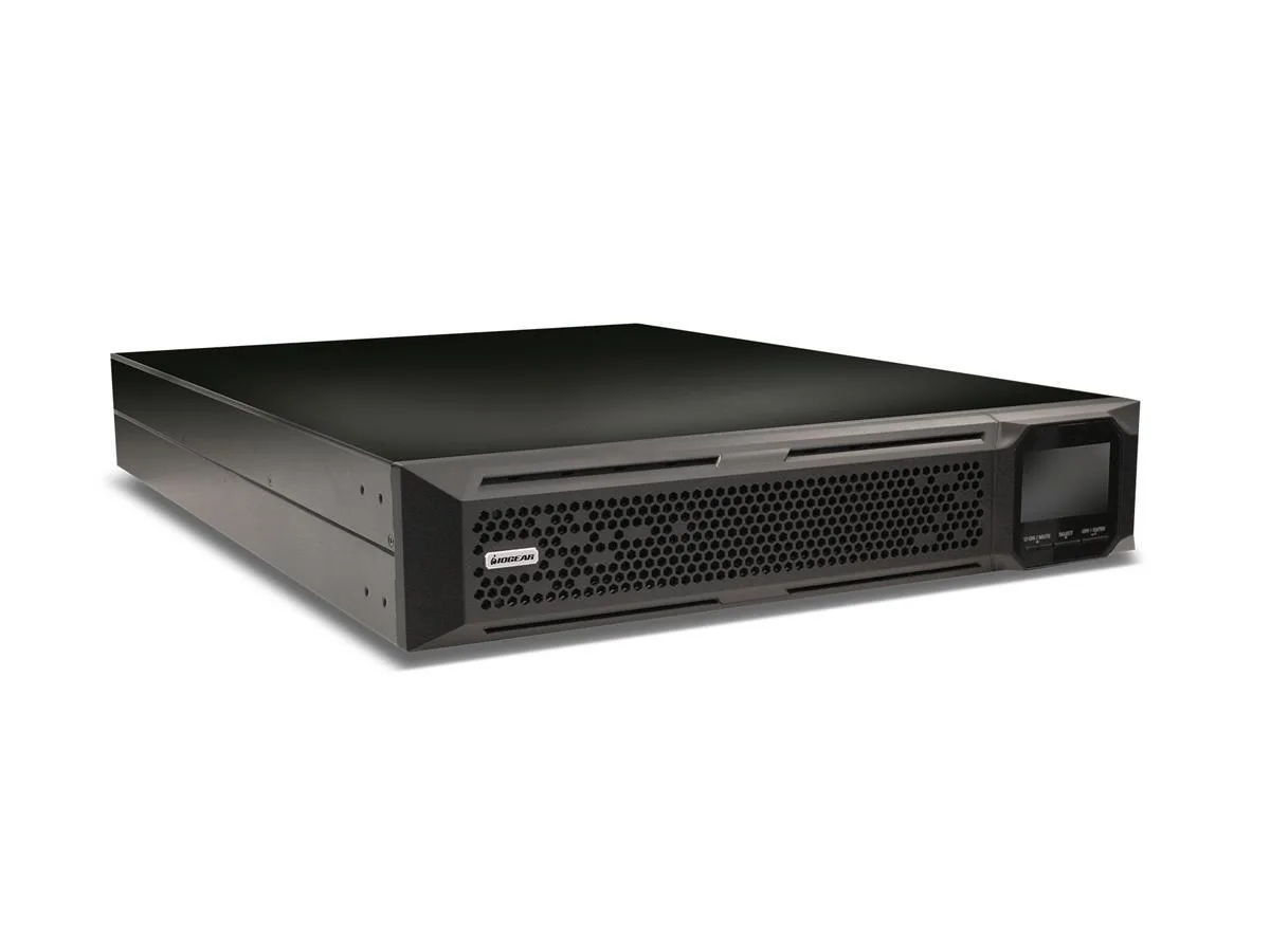 IOGEAR 2U rackmount UPS in black metal finish with front LCD panel and rear outlets