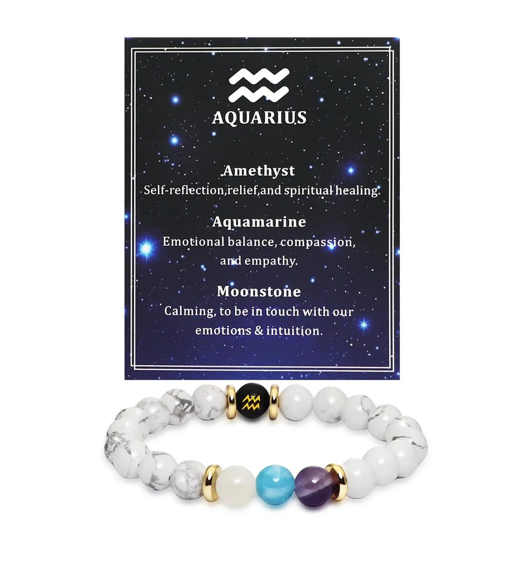 Healing Crystal Zodiac Bracelet 8mm Natural Stone Beads Aquarius — product photo