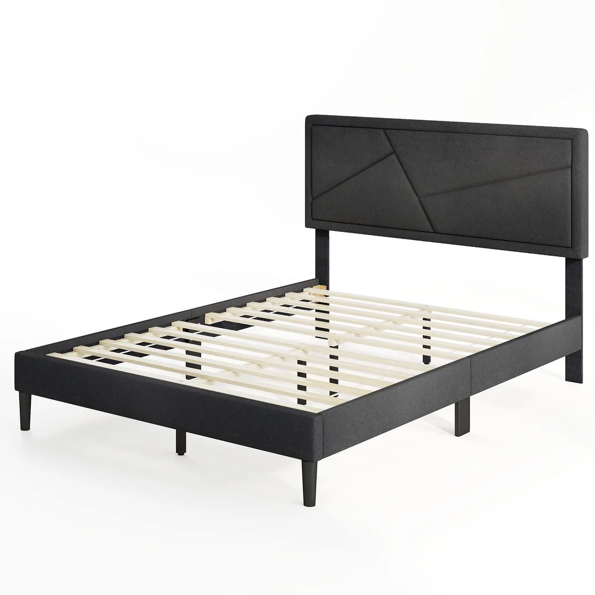 Grey upholstered platform bed with high tufted headboard, full size