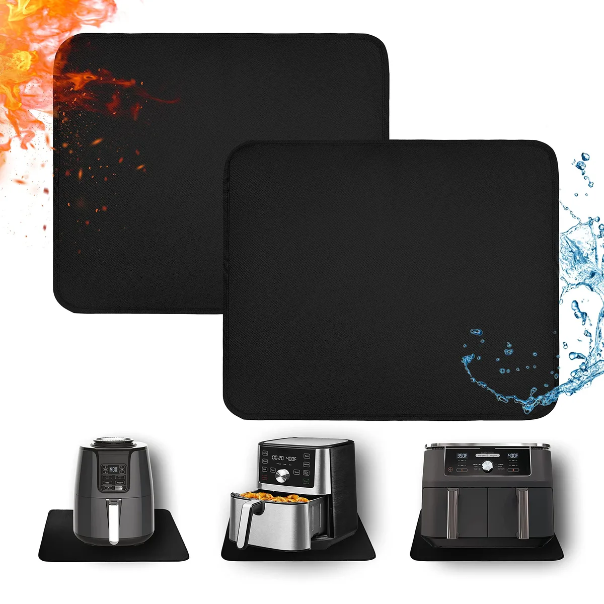 Black rectangular heat-resistant mat with stitched edges lying flat on a countertop
