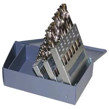Metal index case holding 29 cobalt drill bits with straw finish and split points