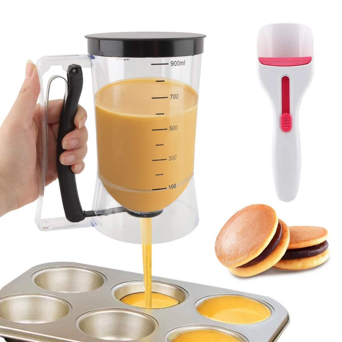 Black 4-cup batter dispenser with squeeze handle and matching scoop