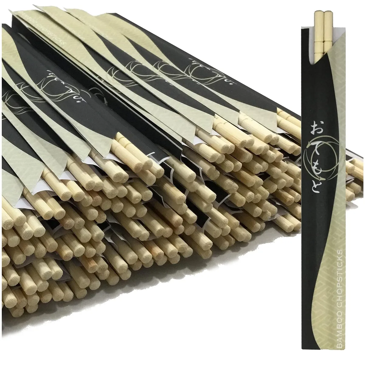 Bundle of 200 natural bamboo chopsticks in paper sleeves, rectangular box packaging