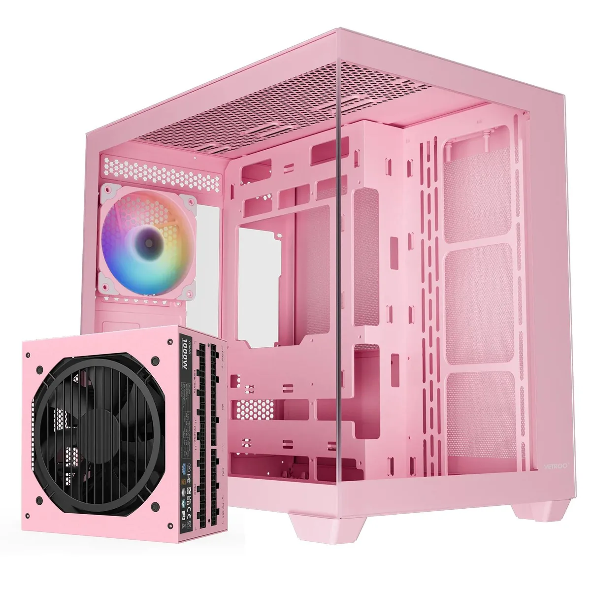 Vetroo Vetroo AL900 Pink ATX Mid Tower PC Case 1000W PSU 270° Glass — product photo