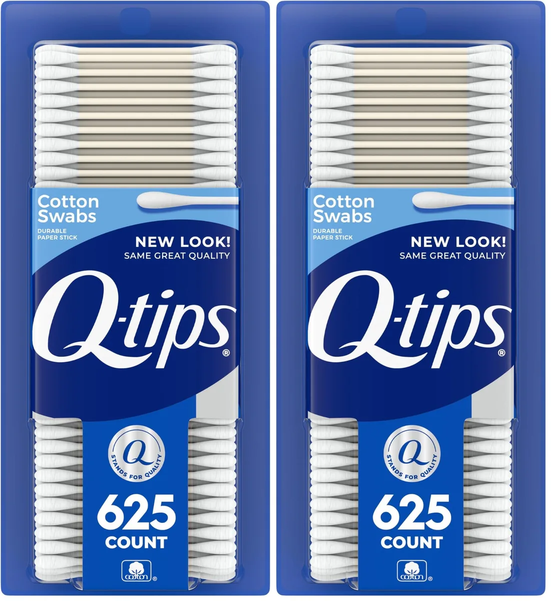 Two white cardboard boxes of cotton swabs, 1250 count total