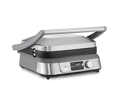 Stainless steel electric griddler with hinged floating cover and reversible plates