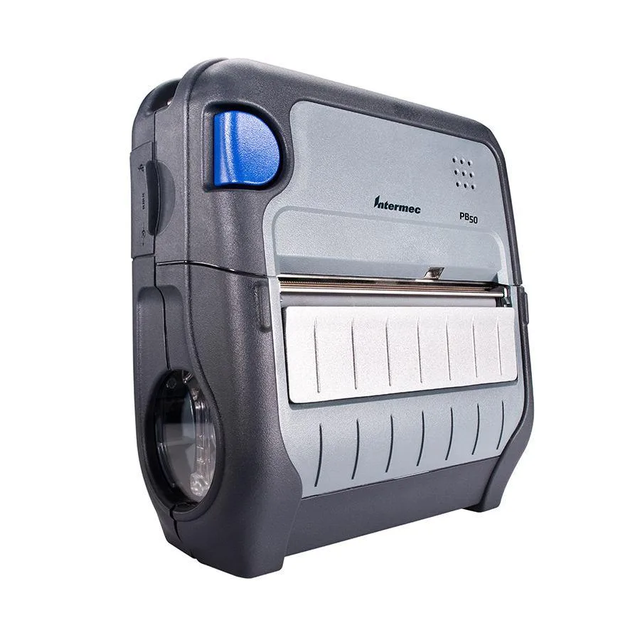 Compact grey portable label printer with top cover open