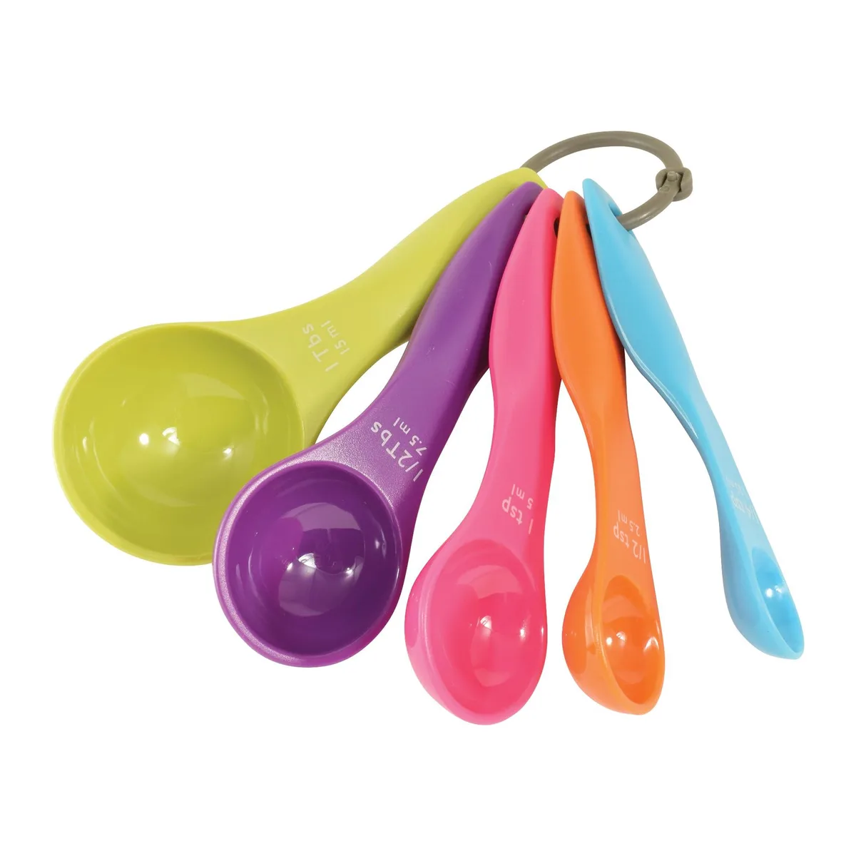 Five colorful plastic measuring spoons nested together