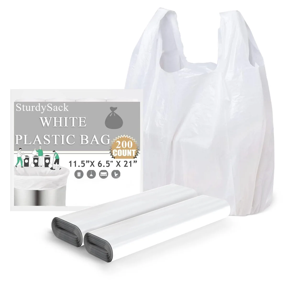 White plastic T-shirt bags with handles, 200 pack, flat stack