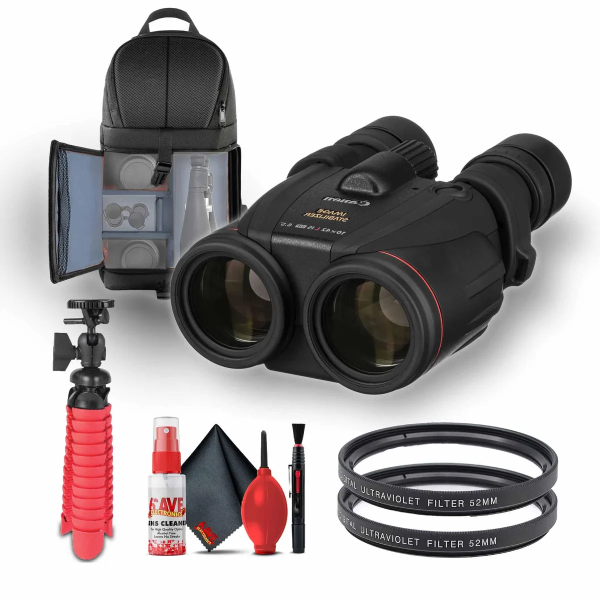 Canon Canon 10x42 L IS WP Binoculars + 2x 52mm UV Filter + Backpack + 12" Tripod + Cleaning Kit — product photo