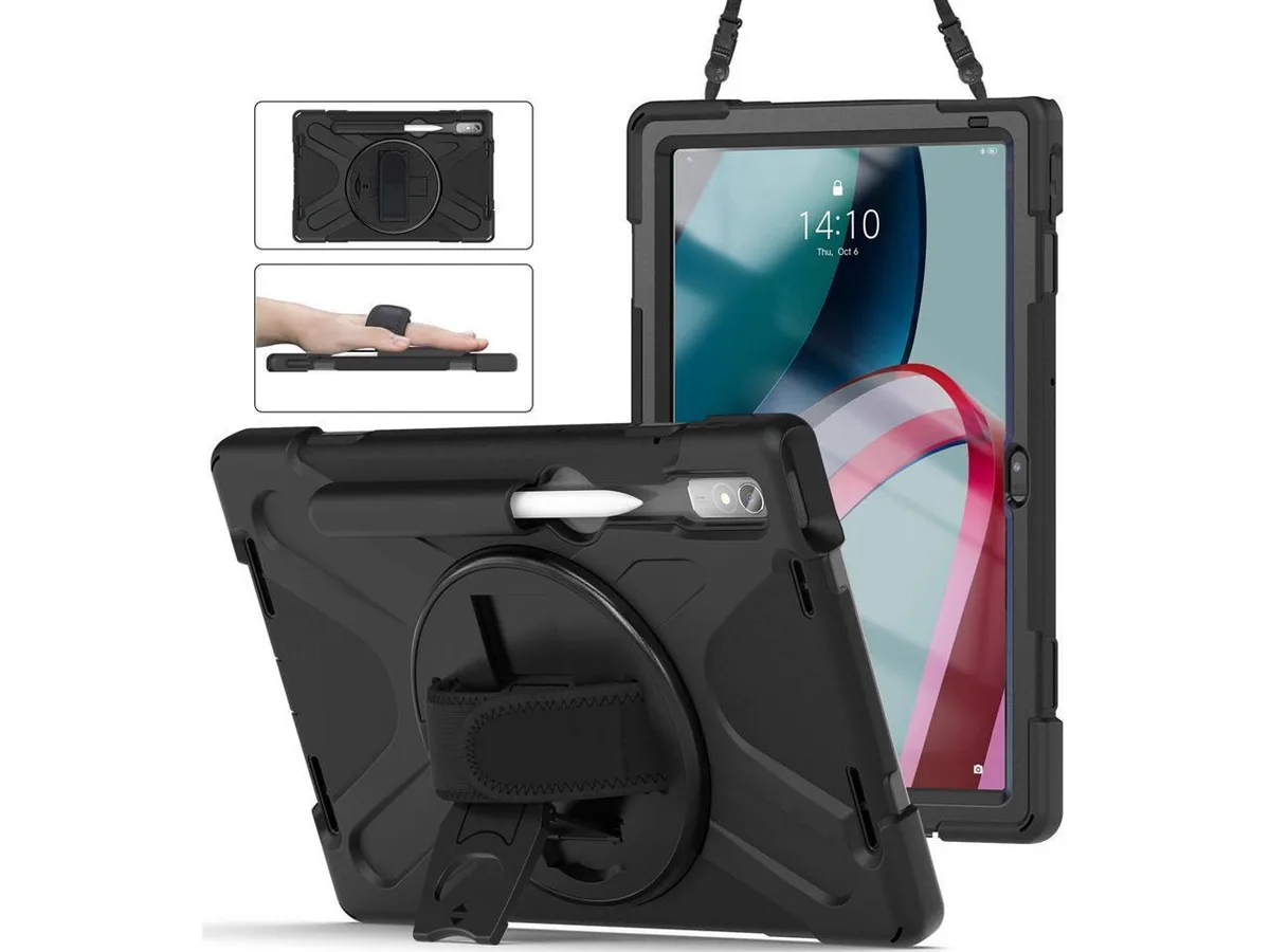 Black protective case for 11.2 inch Lenovo tablet with rotating kickstand, pencil holder, hand and shoulder straps