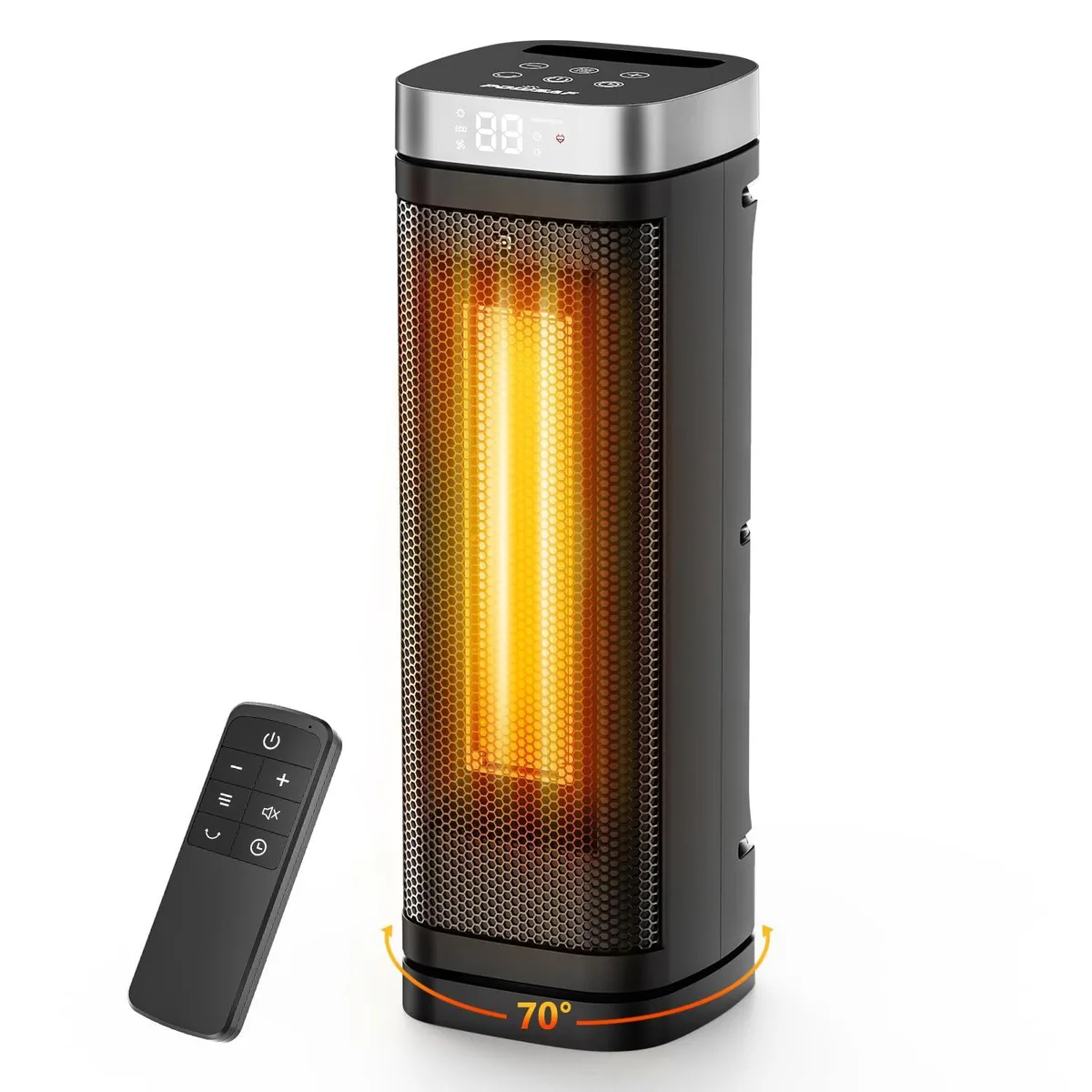 White tower ceramic heater with digital display and remote control