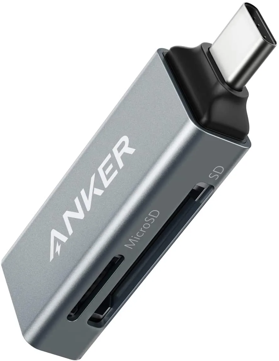 Small rectangular USB-C card reader with two slots, matte black finish