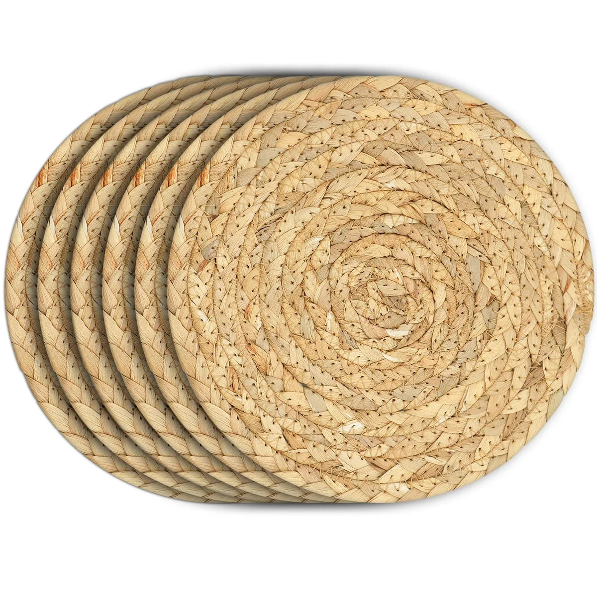 Six round woven water hyacinth trivets, natural straw colour, 8 inch diameter