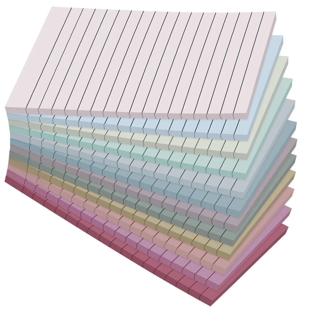 Twelve rectangular lined sticky-note pads in retro colours, 30 sheets each, 360 total