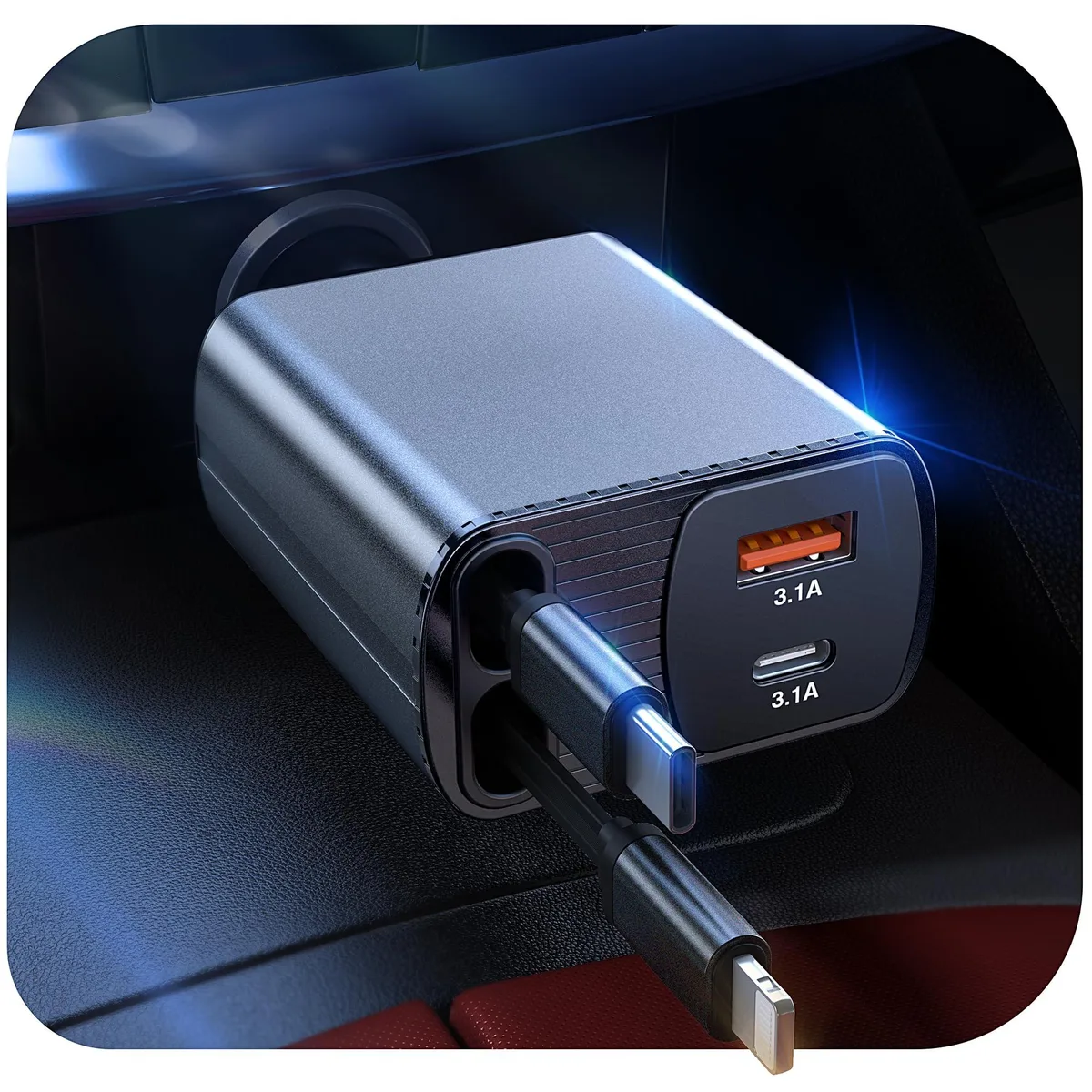 Compact car charger cube with two retractable cables extending 2.6 ft