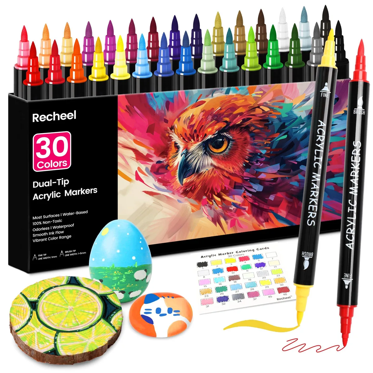 Set of 30 dual-tip acrylic paint markers, fine and brush tips, assorted colours
