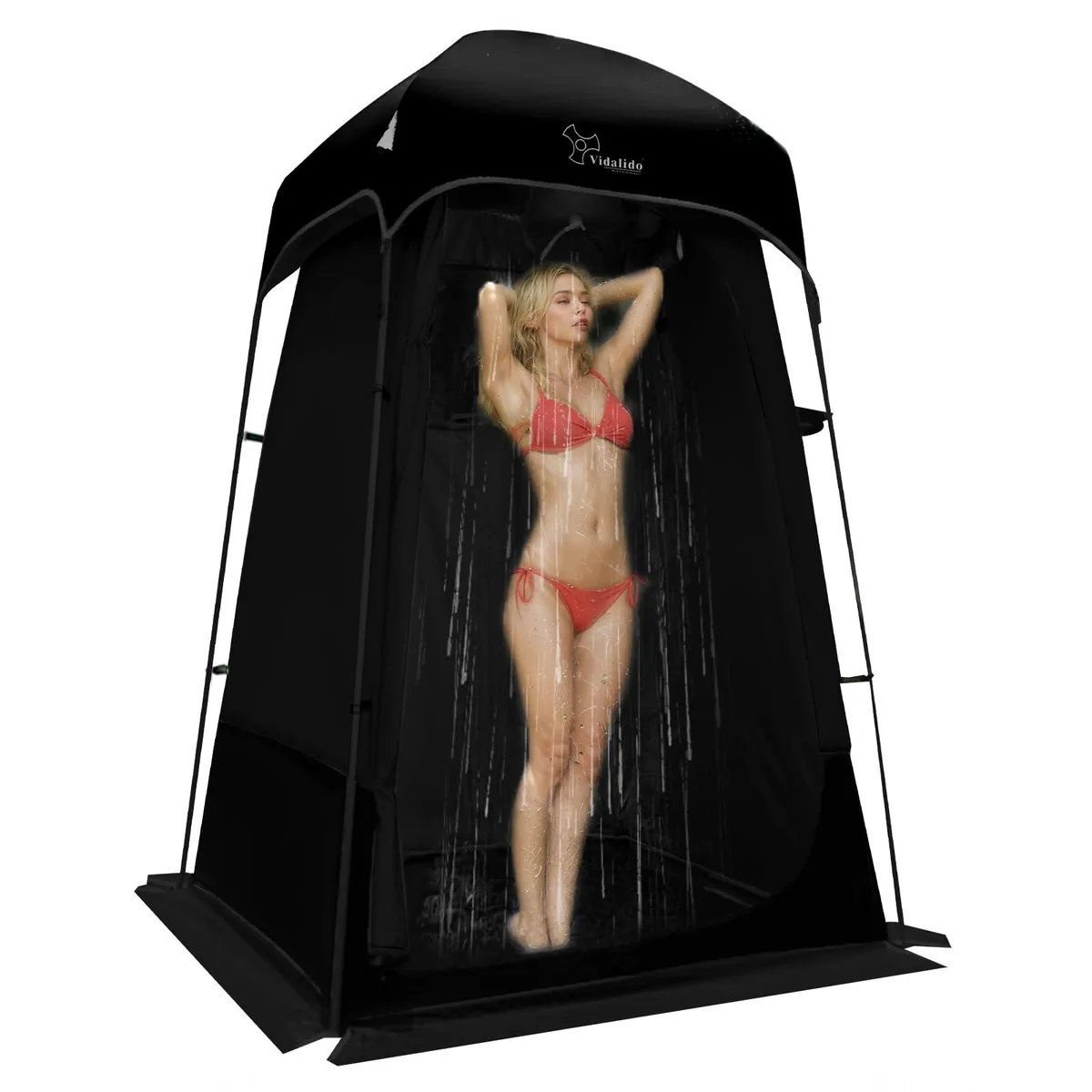 Black pop-up privacy tent with zippered door and mesh window, aluminum frame, packed in carry bag