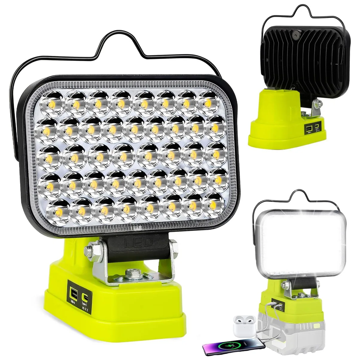 DNBeffulgent DNBeffulgent 90W 7000LM Cordless LED Work Light for Ryobi 18V USB-C Green — product photo