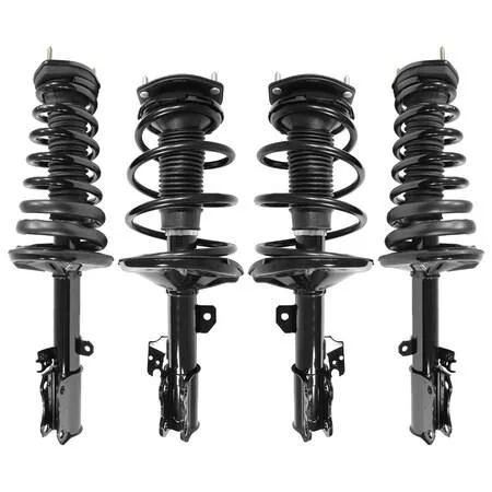 Four silver metal strut assemblies with coiled springs and top mounts