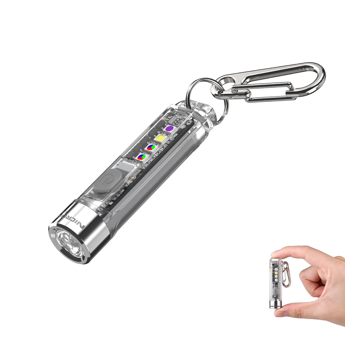 Tiny cylindrical keychain flashlight, matte plastic finish, 16 grams