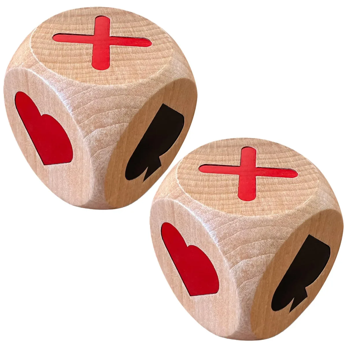 Two large wooden dice with black velvet strap