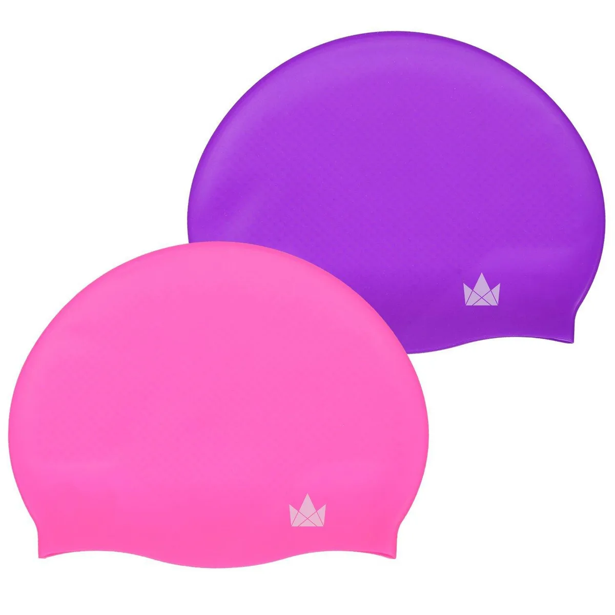 Two pink silicone swim caps with textured interior and storage pouch