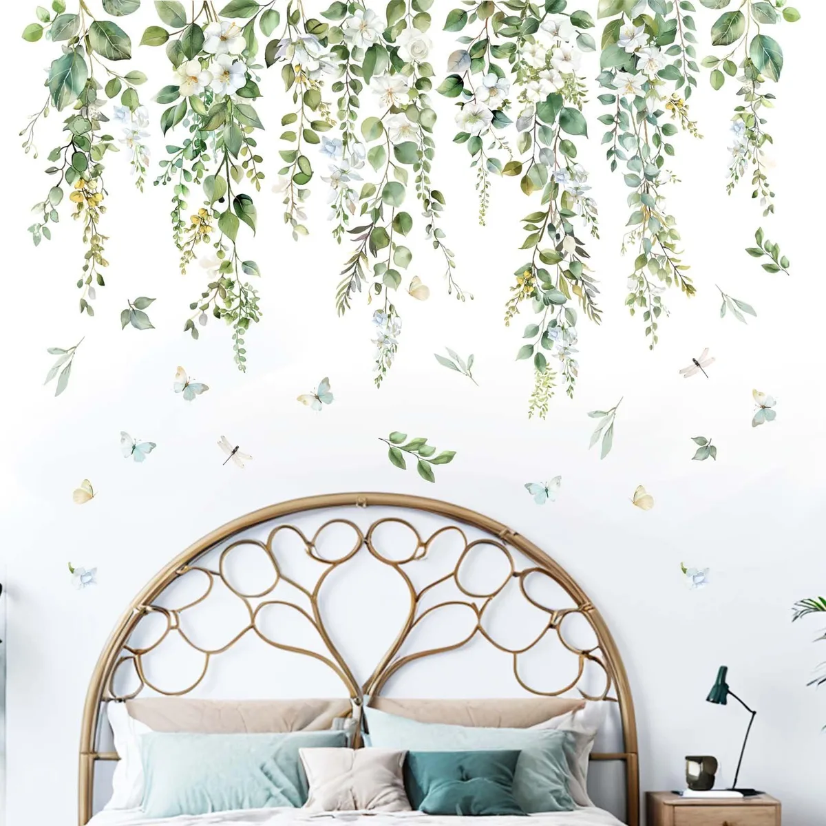 Two rectangular vinyl sheets printed with green hanging vine leaf designs