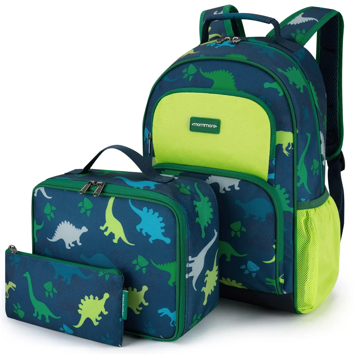 Green dinosaur-patterned polyester backpack set with matching lunch bag and pencil case, soft shell, adjustable padded straps
