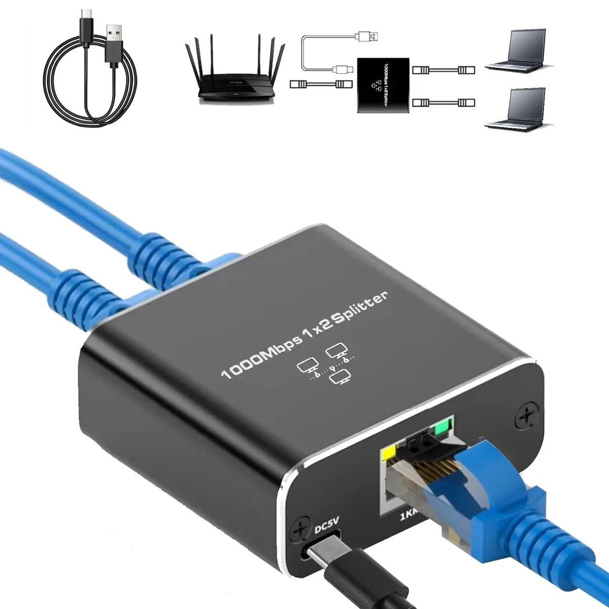 Pushua Gigabit Ethernet Splitter 1 to 2 High Speed 1000Mbps USB Powered — product photo