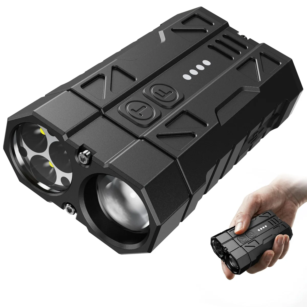 Flat rectangular aluminium flashlight with magnetic base and pocket clip, USB-C port, dual light heads and four LED power indicators