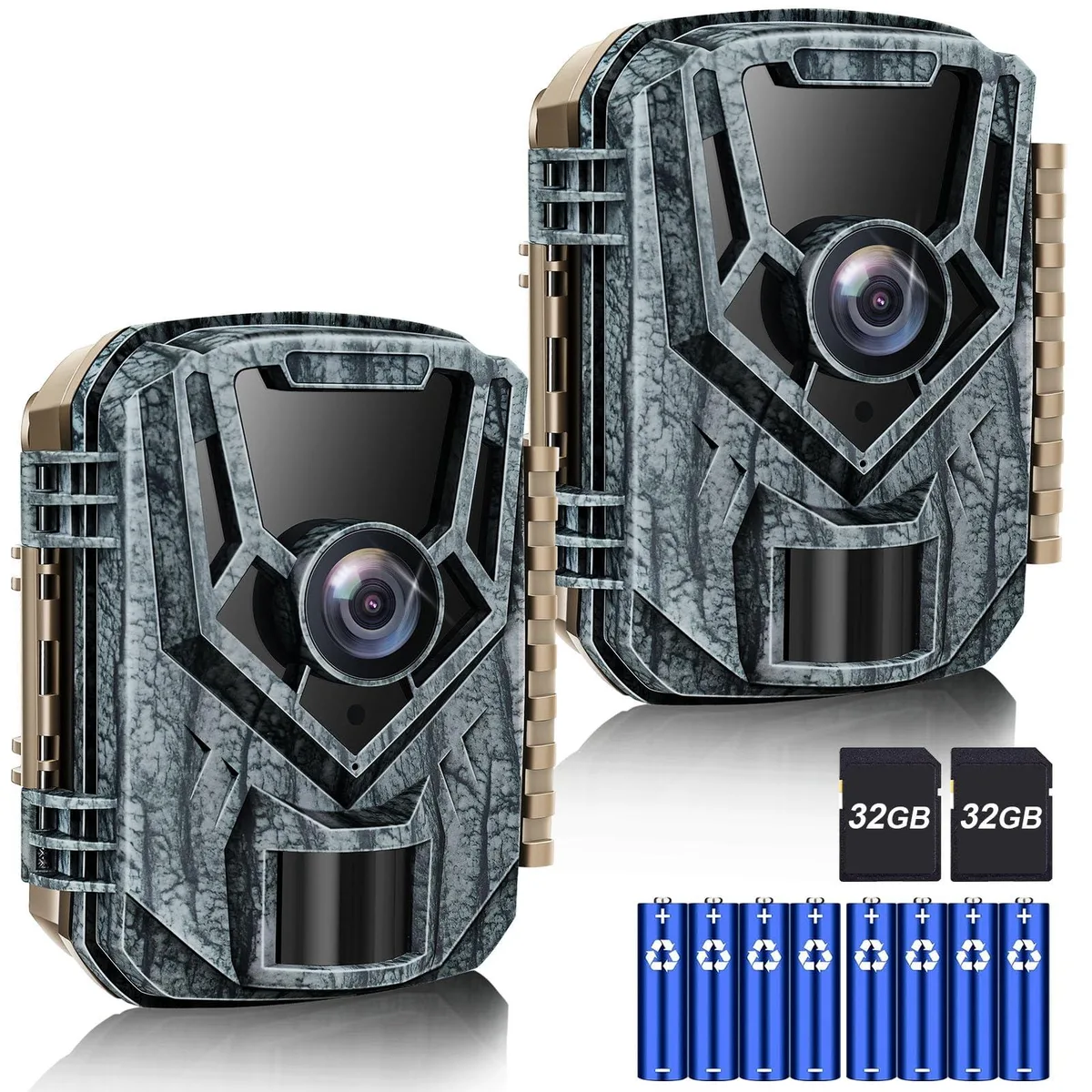 Two camouflaged trail cameras with 2.0 inch screens and mounting straps