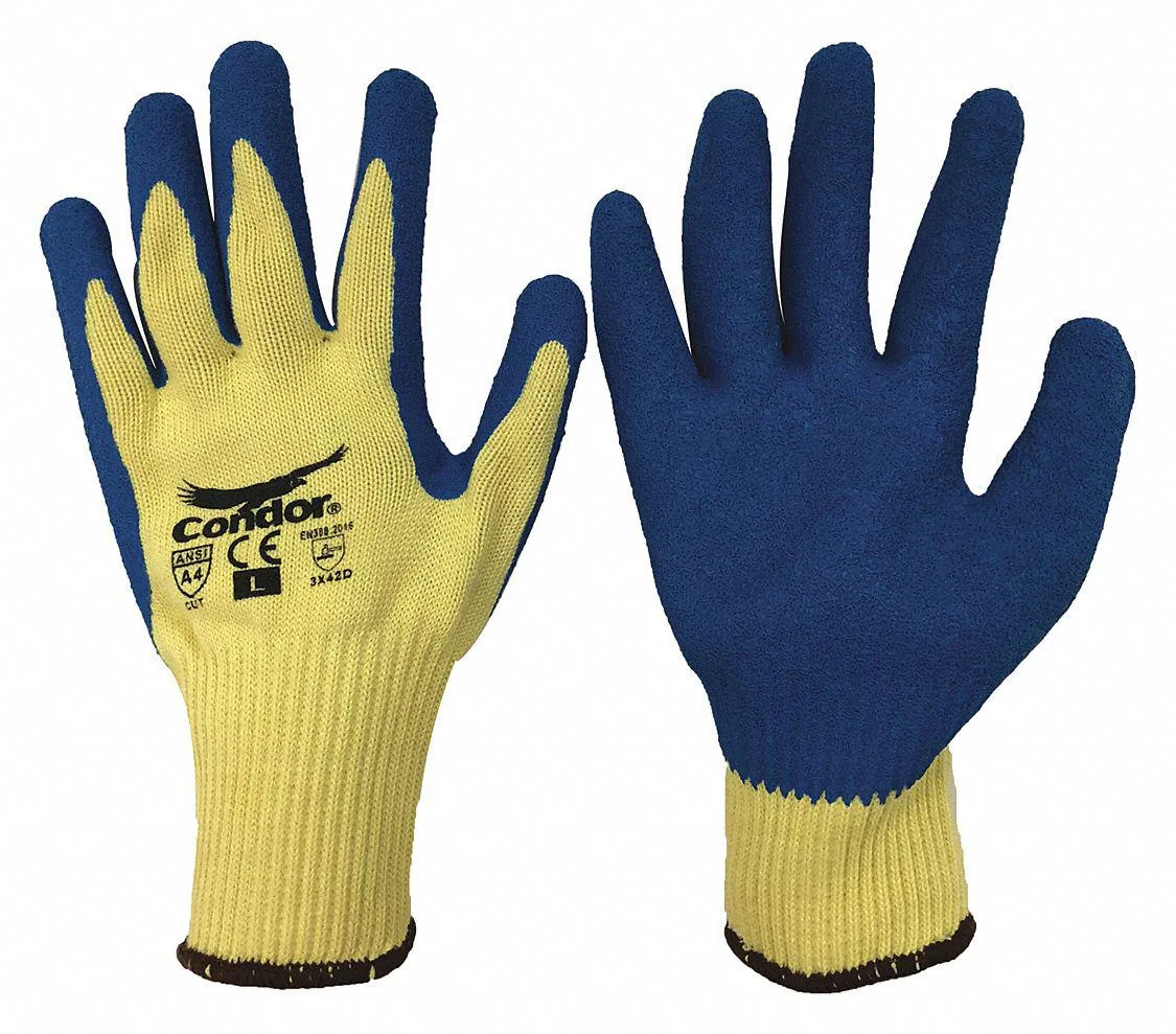 Pair of grey knit gloves with black latex-dipped palms and fingers