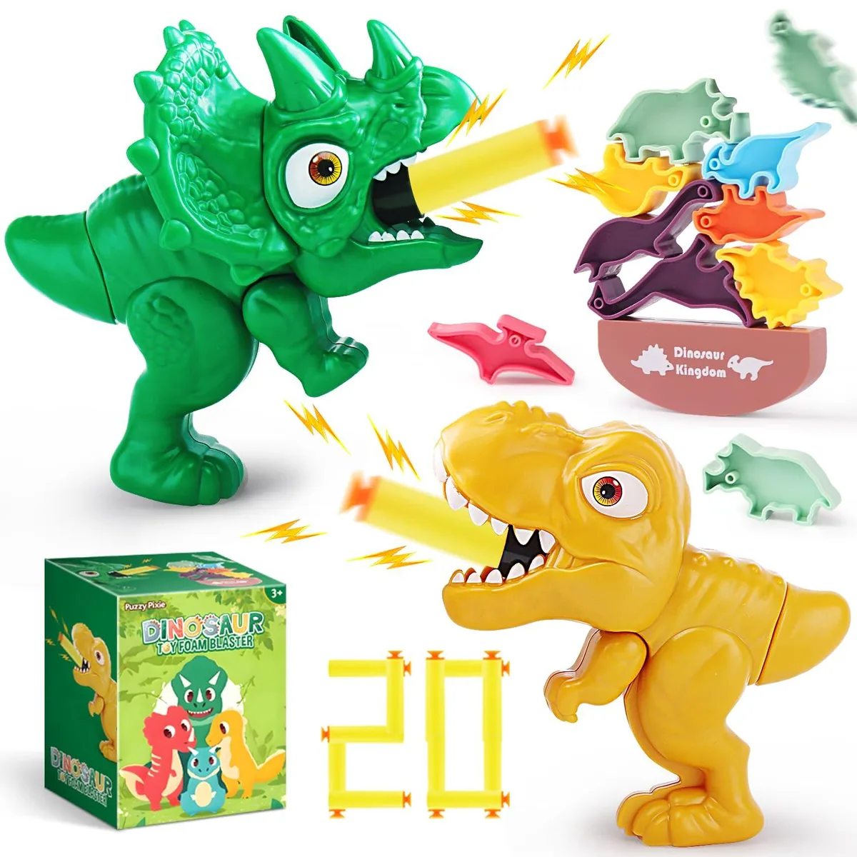 Two green and yellow dinosaur blasters with foam darts and stacking blocks