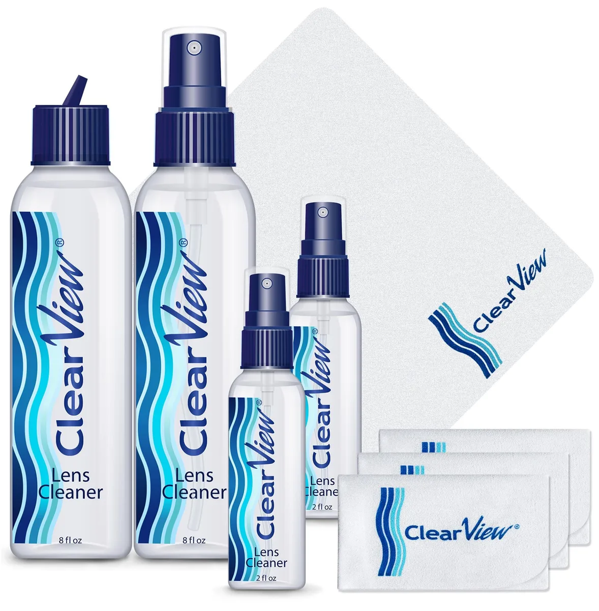 Clear View lens cleaner kit with four spray bottles and four microfiber cloths