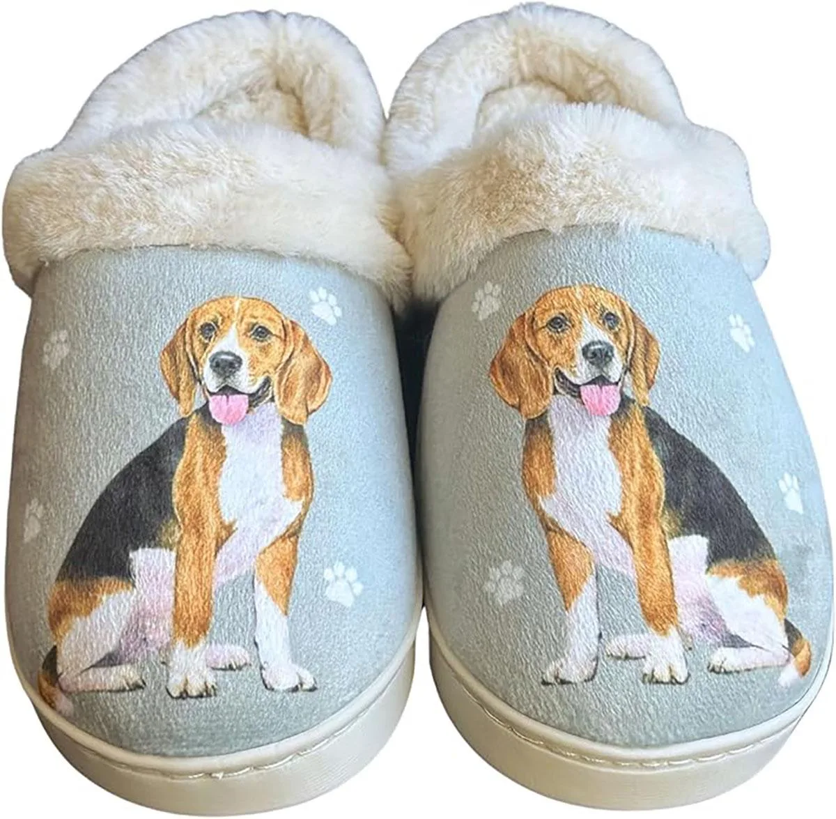 Beagle-printed fuzzy slippers with memory foam and rubber sole