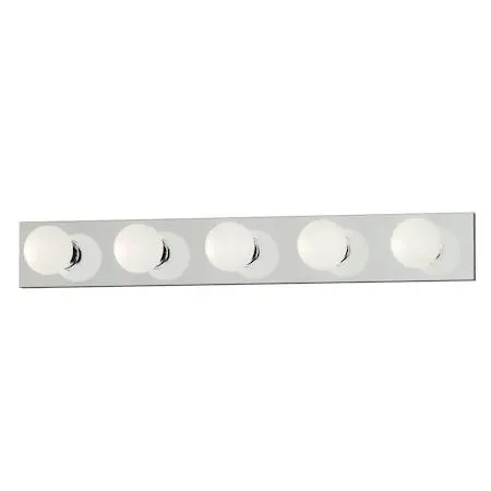 Polished chrome vanity light with five lights, thirty inches wide
