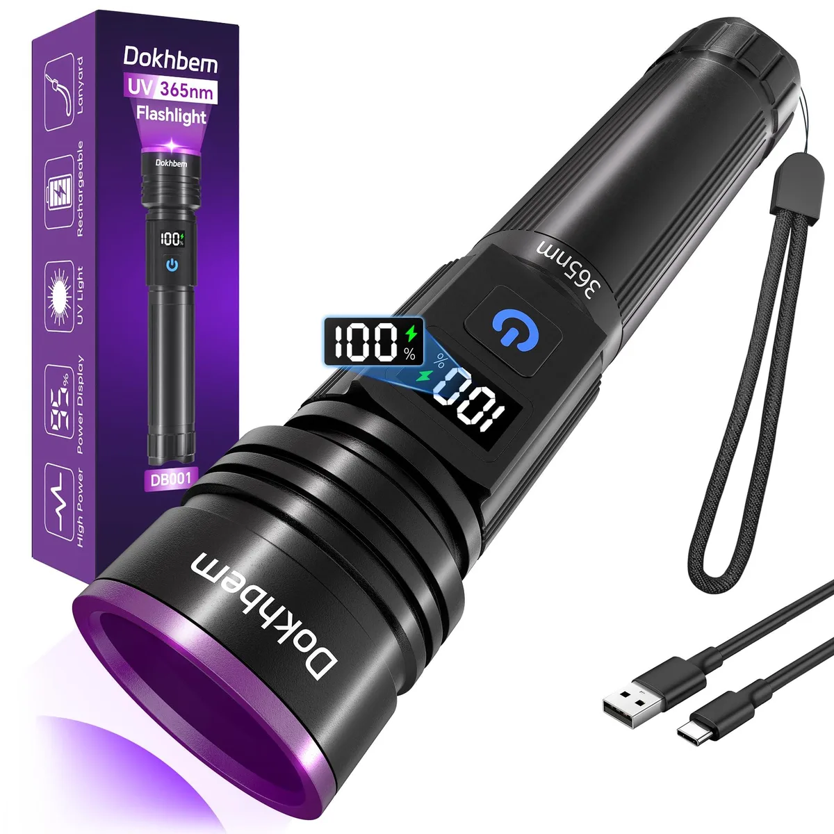 Black aluminium UV flashlight with LCD screen, 1.4 by 5.9 inches