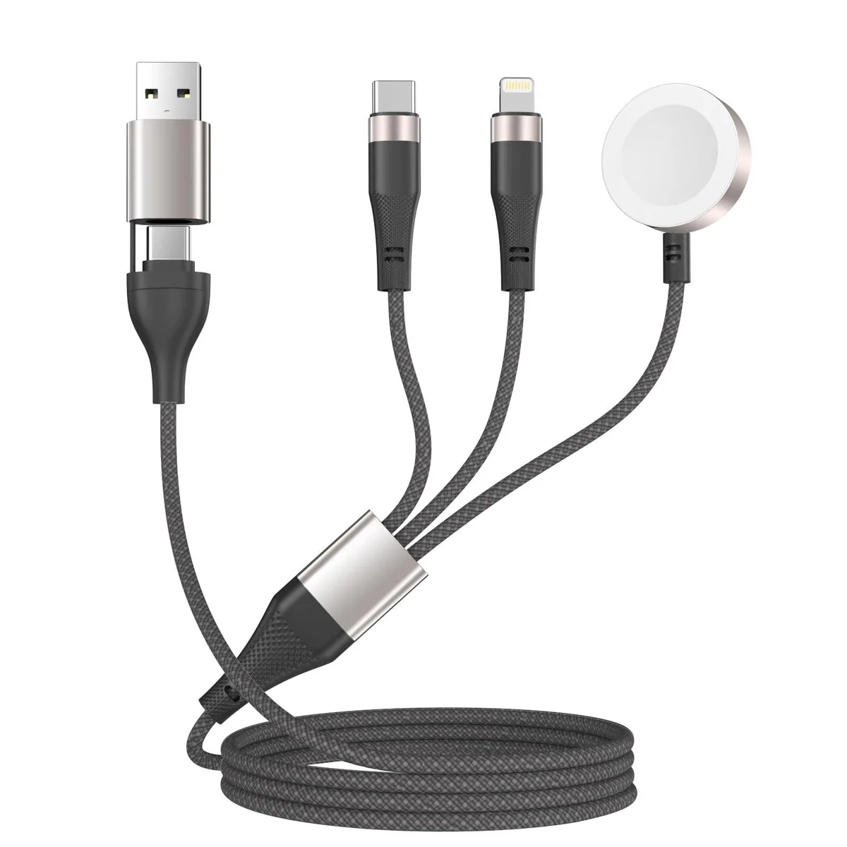 Dark grey braided cable with magnetic Apple Watch charger, Lightning and USB-C connectors