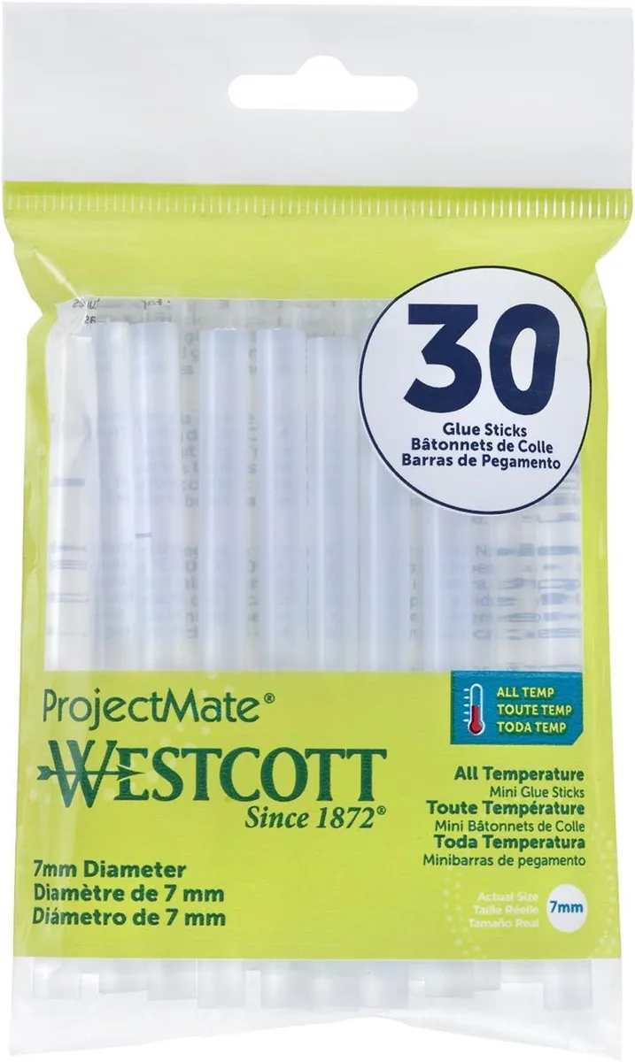 Thirty white mini glue sticks in a pack