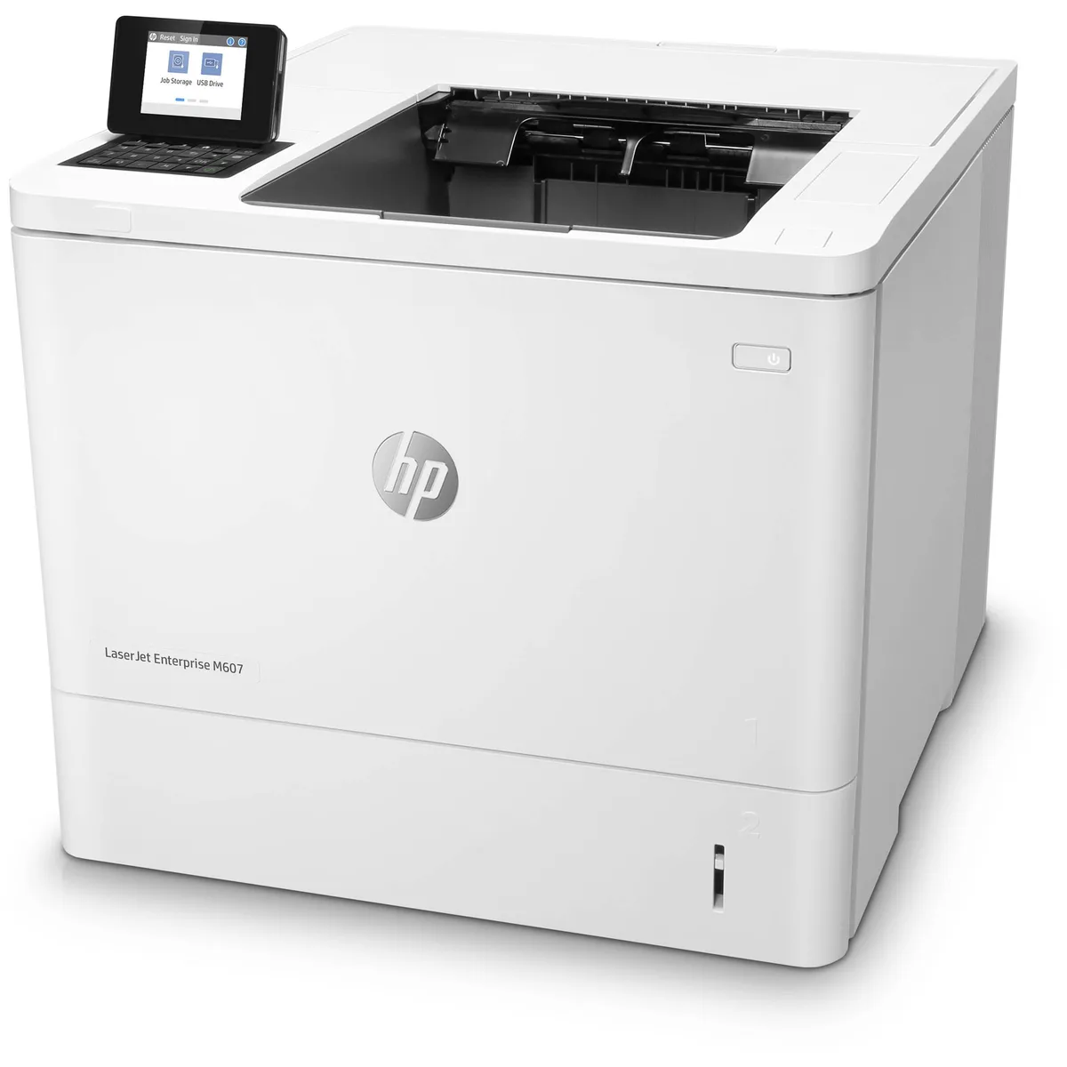 White rectangular office laser printer with front control panel and paper tray