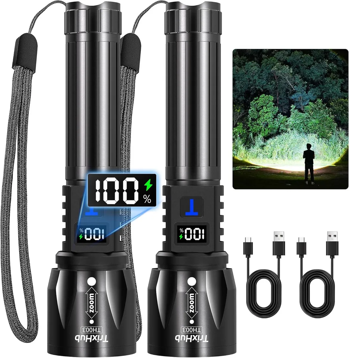 Two handheld flashlights with LCD displays and USB-C ports