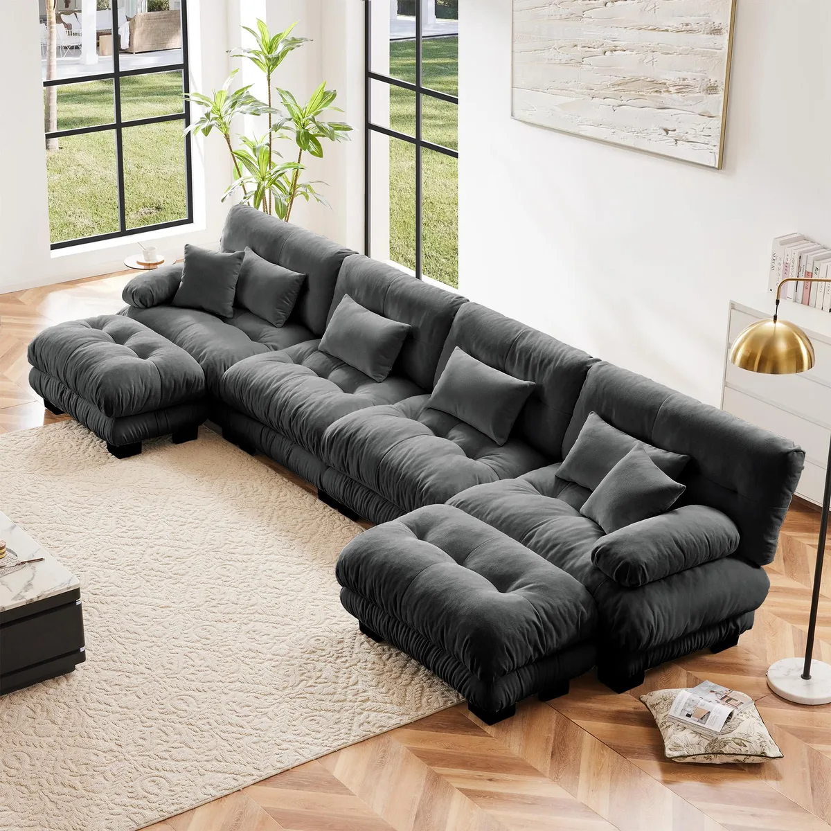 Gray chenille U-shaped modular sectional with two ottomans