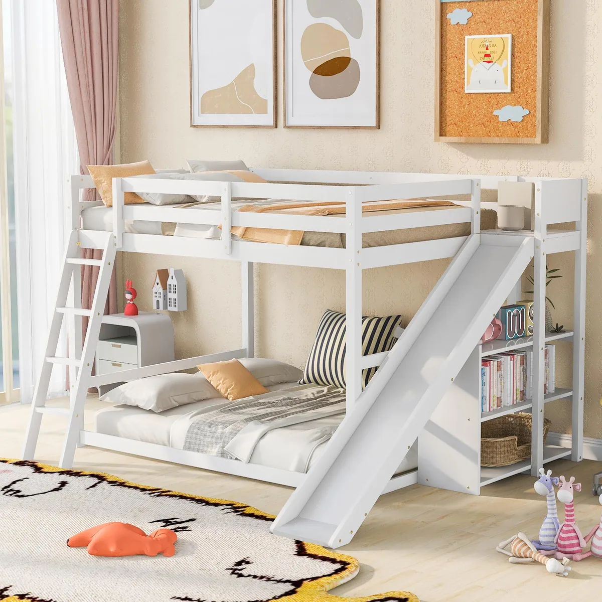 tuphen tuphen Full over Full Bunk Bed with Slide and Shelves, White — product photo