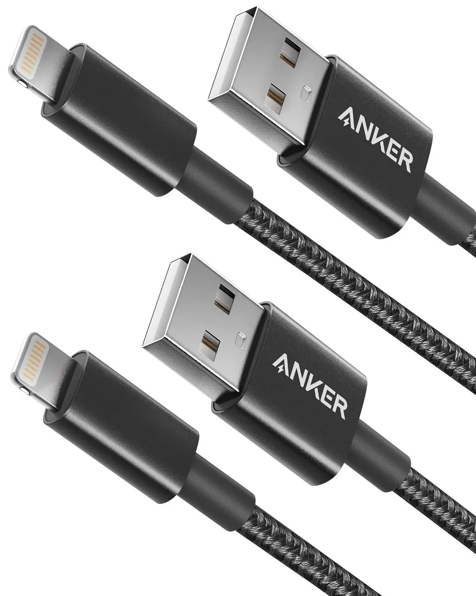 Two black nylon-braided Lightning cables coiled side by side