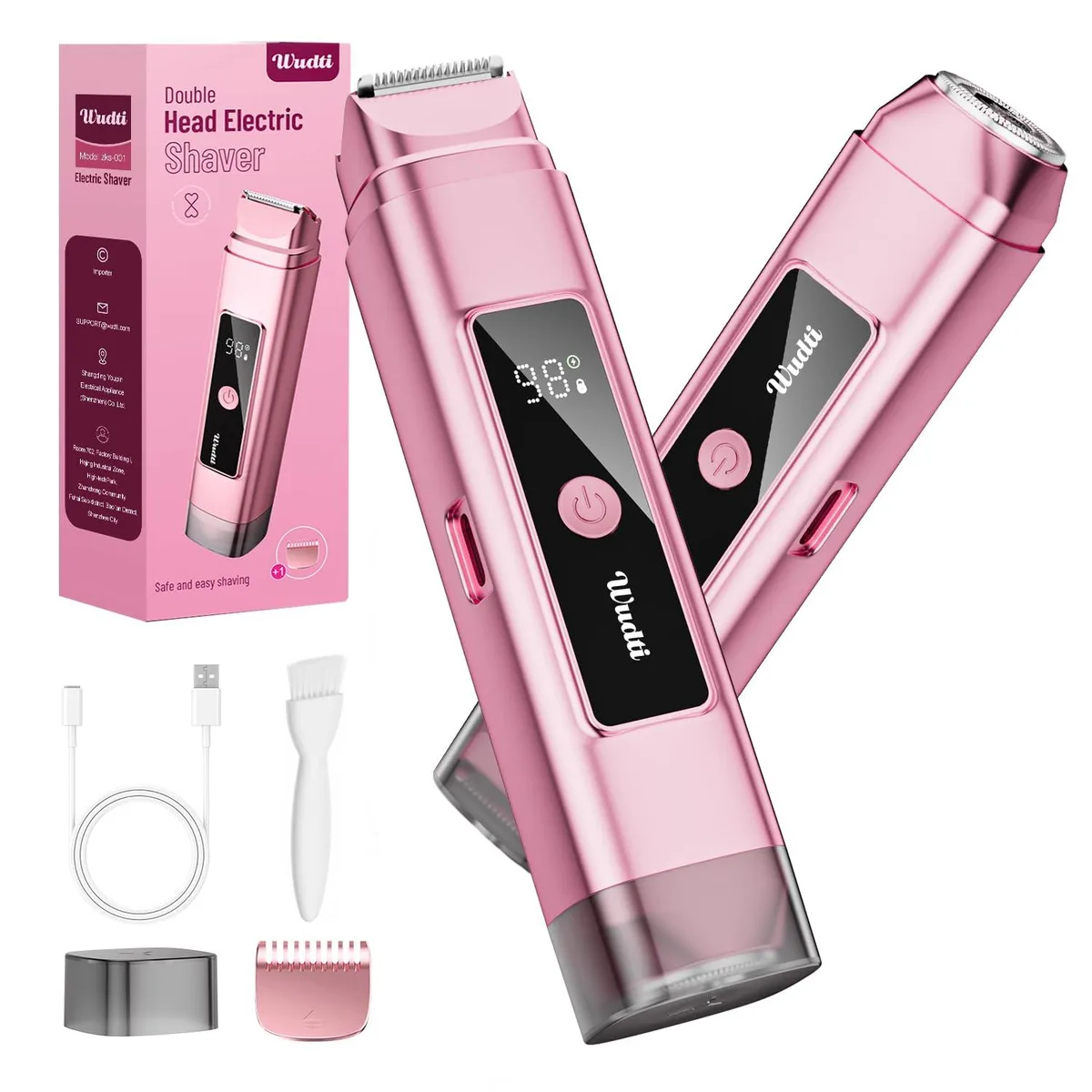 Pink foil shaver with dual head, LED display, protective cap and cleaning brush
