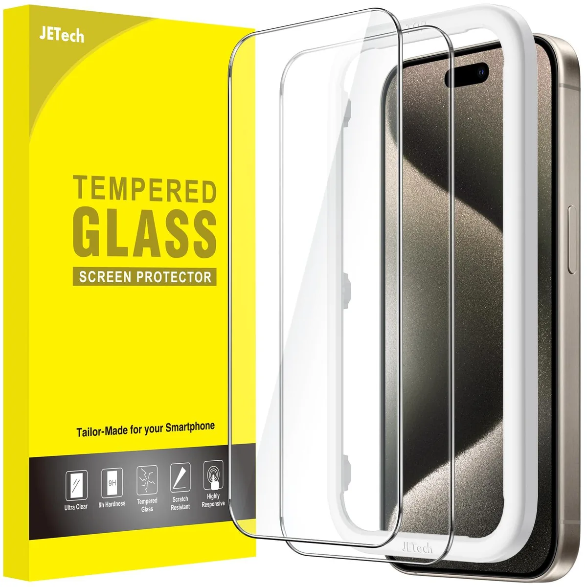 Two clear glass screen protectors with installation tool for iPhone 14 Pro Max