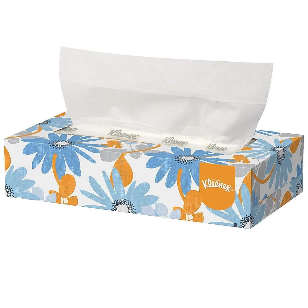 White rectangular pop-up box containing 125 two-ply facial tissues